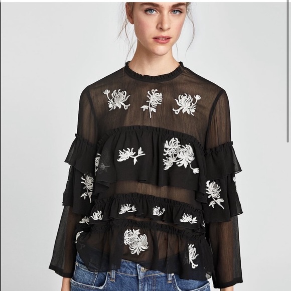 Zara Tops - NWT Zara RARE Embroidered Tulle Floral Black Tiered Blouse Top Size M Medium